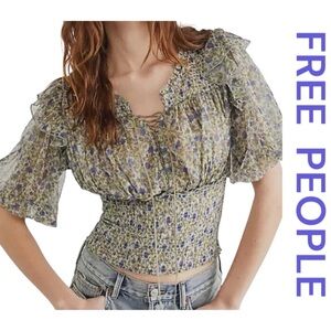 FREE PEOPLE Beatrice Floral Smocked Waist Top, Size L.